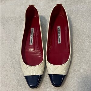 Manolo Blahnik Quilted Cream and Navy Flats